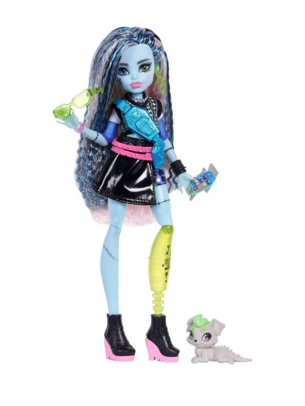 Monster High Frankie Stein Fashion Doll in Black Pleather Skirt with Pet Watzie